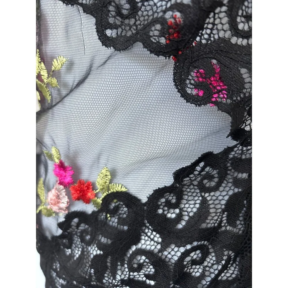 Y2K Bodysuit Small Sheer Lace Floral Embroidered Black Mesh Open Back Lingerie - Picture 13 of 16